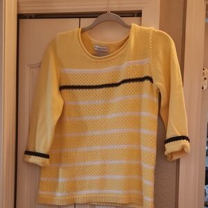 Christopher & Banks Yellow and White Striped Sweater 3/4 Length Sleeves Size Med